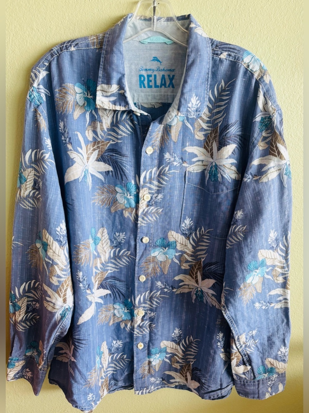 Tommy Bahama Relax Linen Shirt Button Down Long Sleeve Blue Floral Men's XXL
